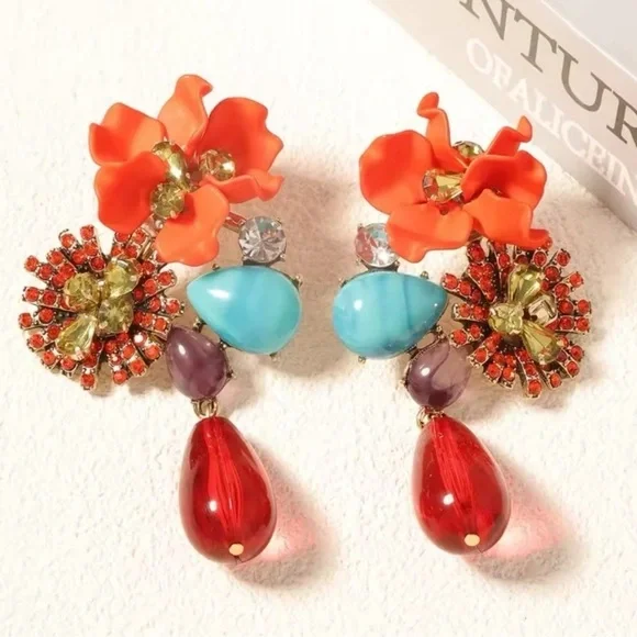 Floral Orange Gemstone Drop Earrings - Picture 3 of 7